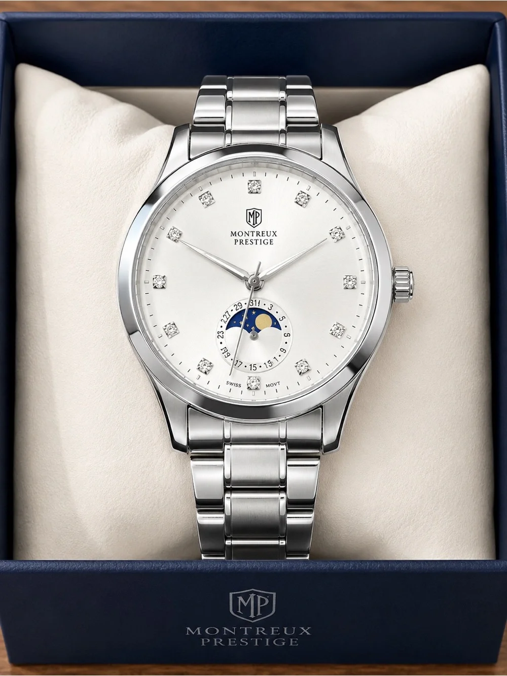 Invicta Silver Stainless Steel Men's Watch with White Dial and Blue Moonphase